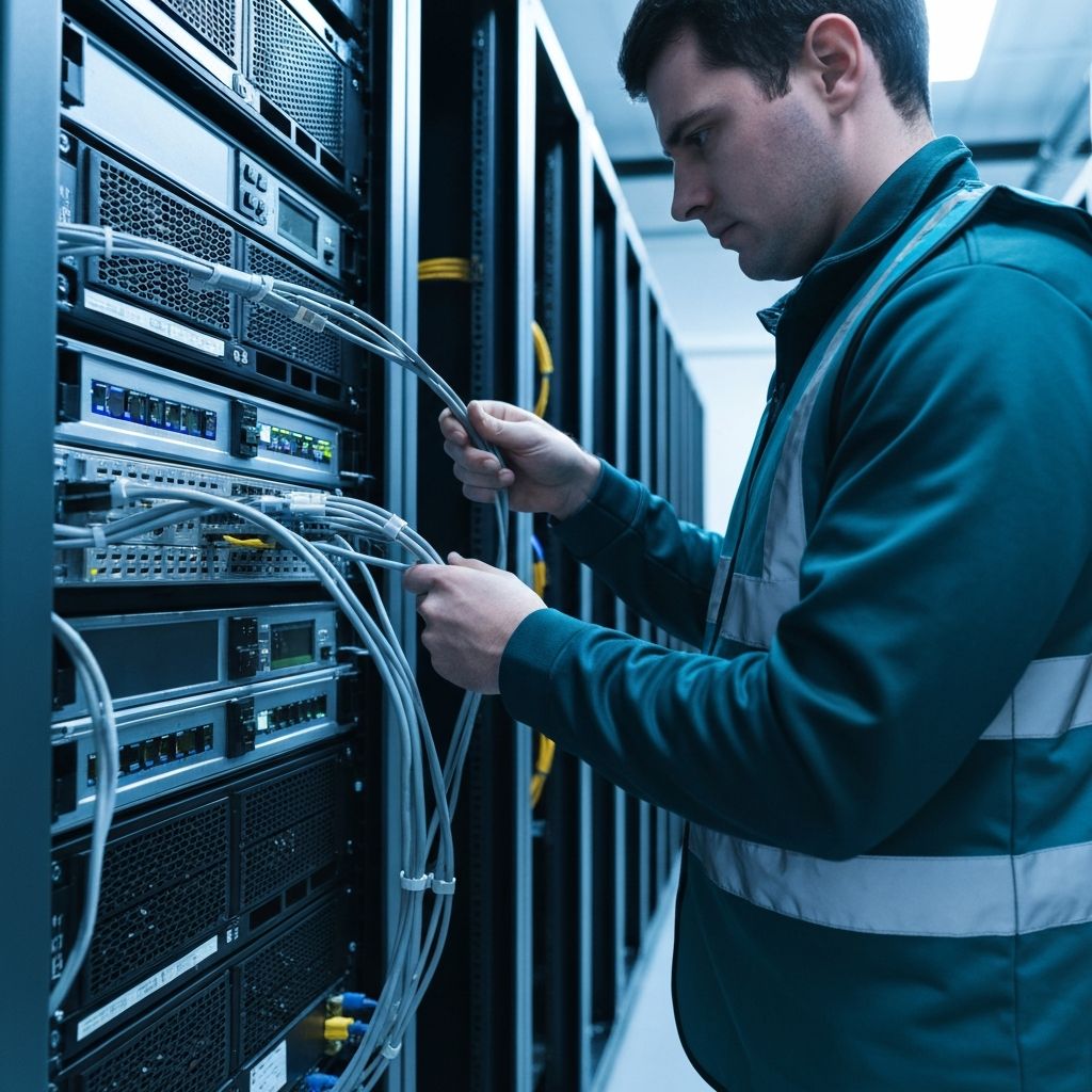 Engineer decommissioning a UK data centre rack