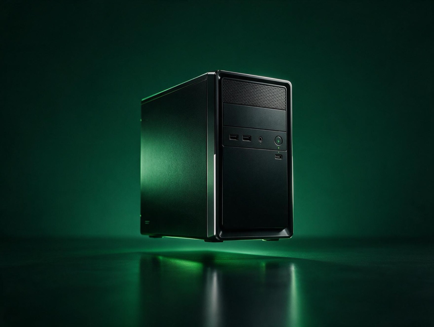 Compact refurbished desktop tower against a deep green backdrop