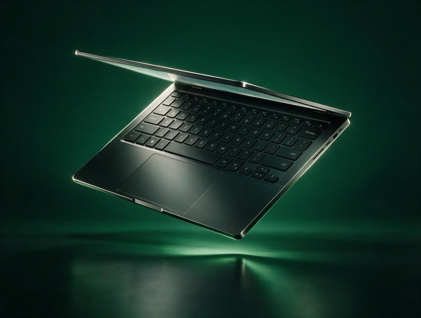 Refurbished business laptop floating open against a deep green backdrop