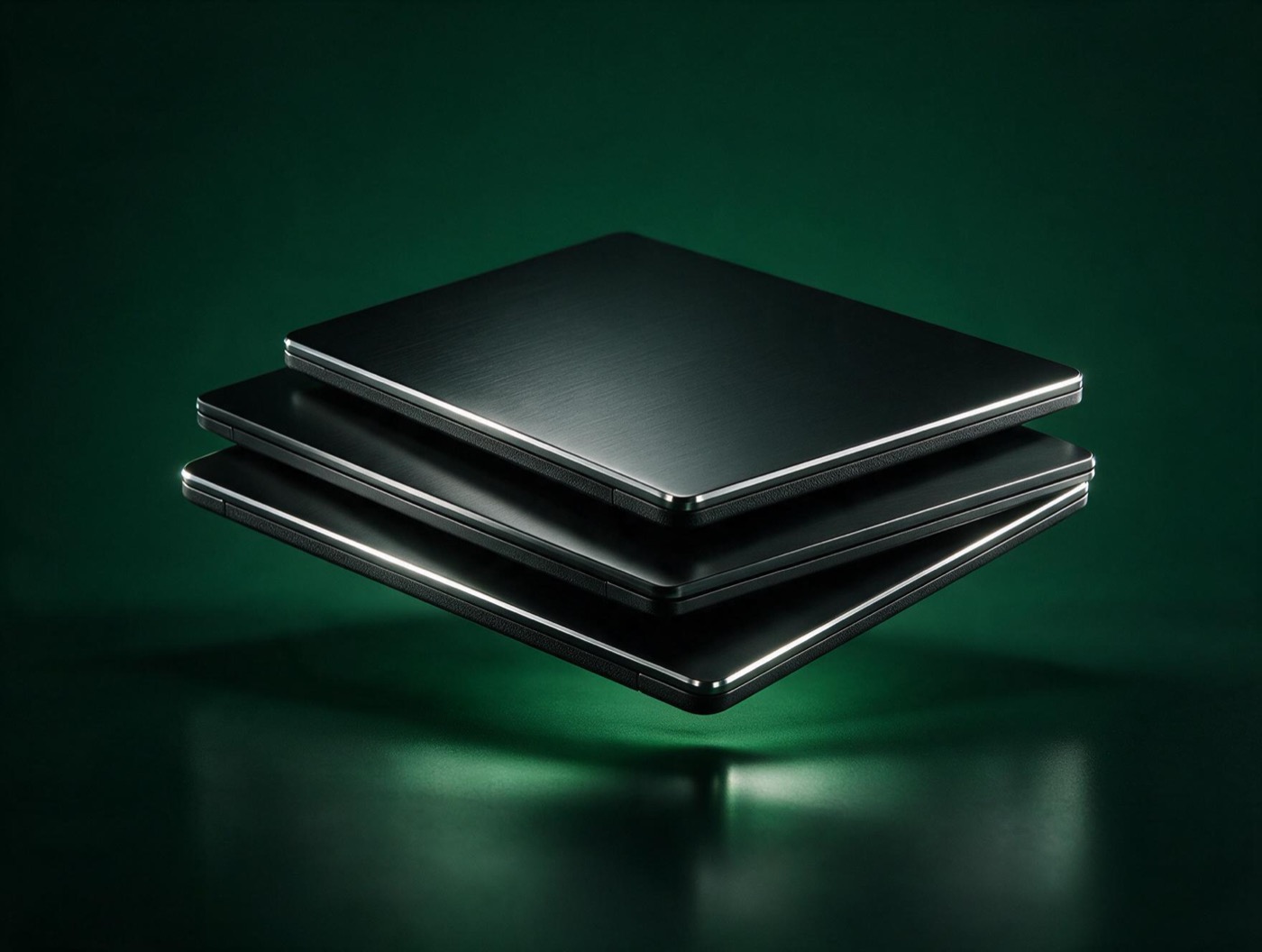 A stack of three refurbished business laptops ready for dispatch
