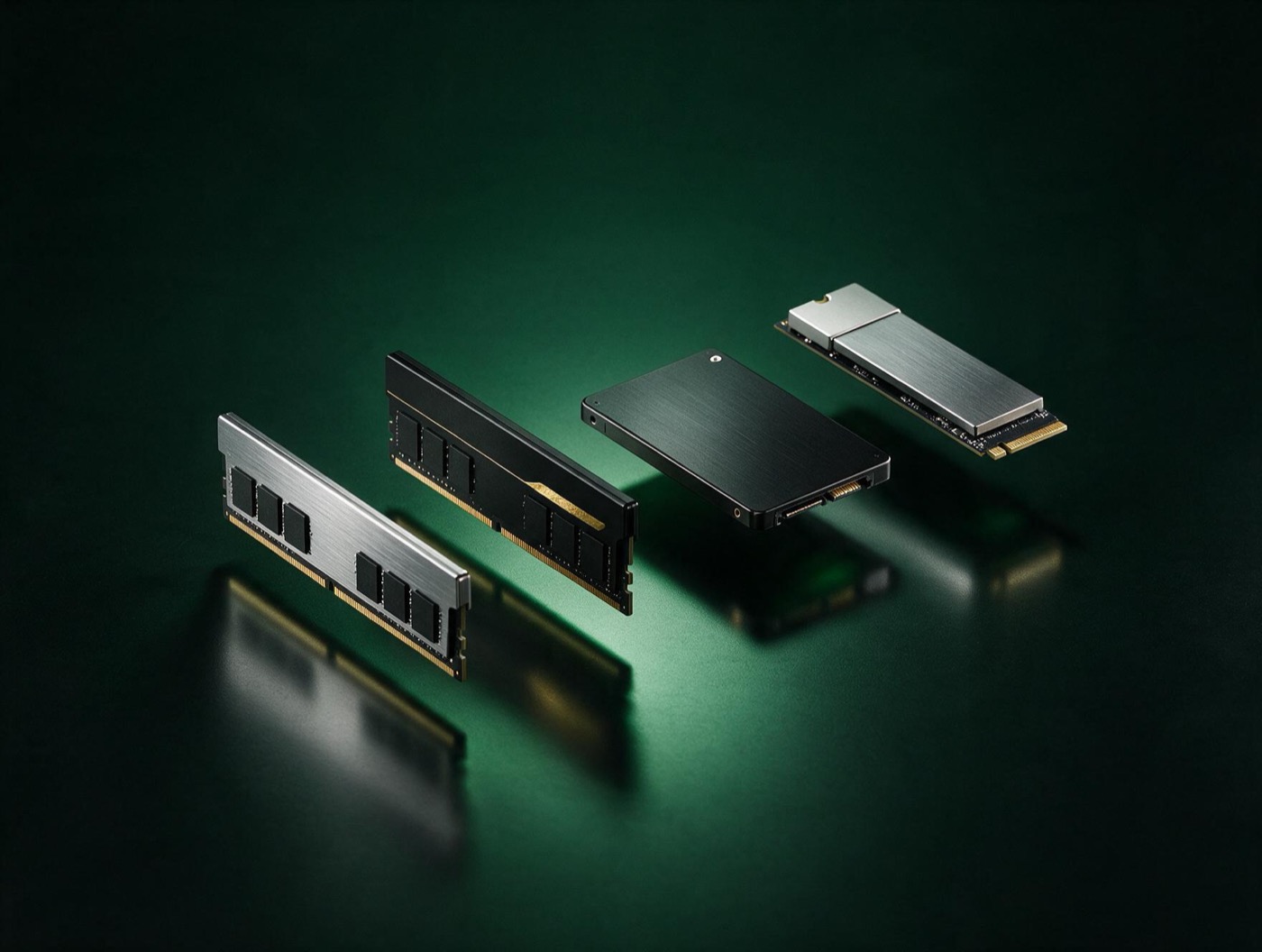 Flat-lay of tested RAM modules and SSDs against a deep green backdrop