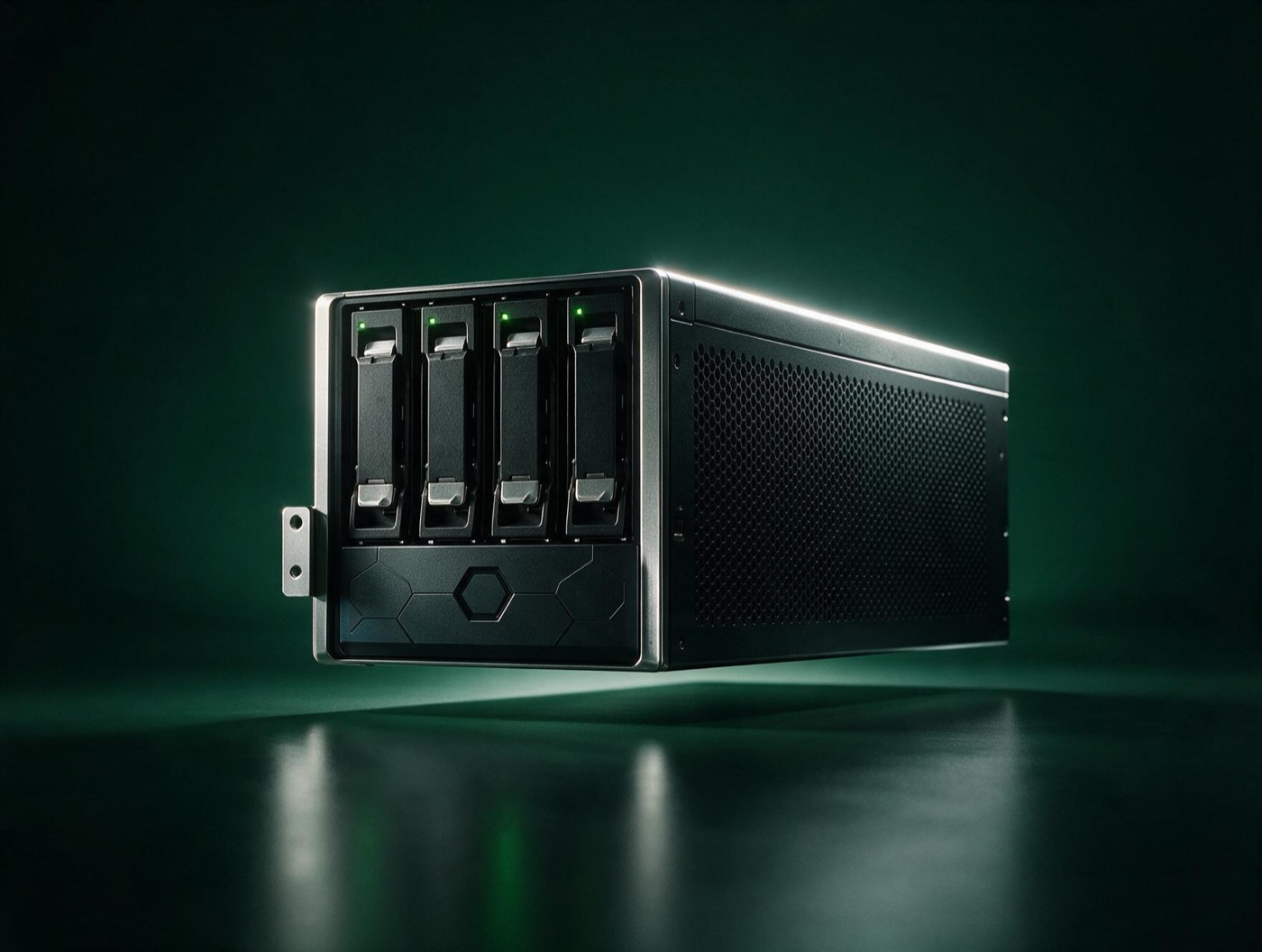 Refurbished 1U rack server against a deep green backdrop