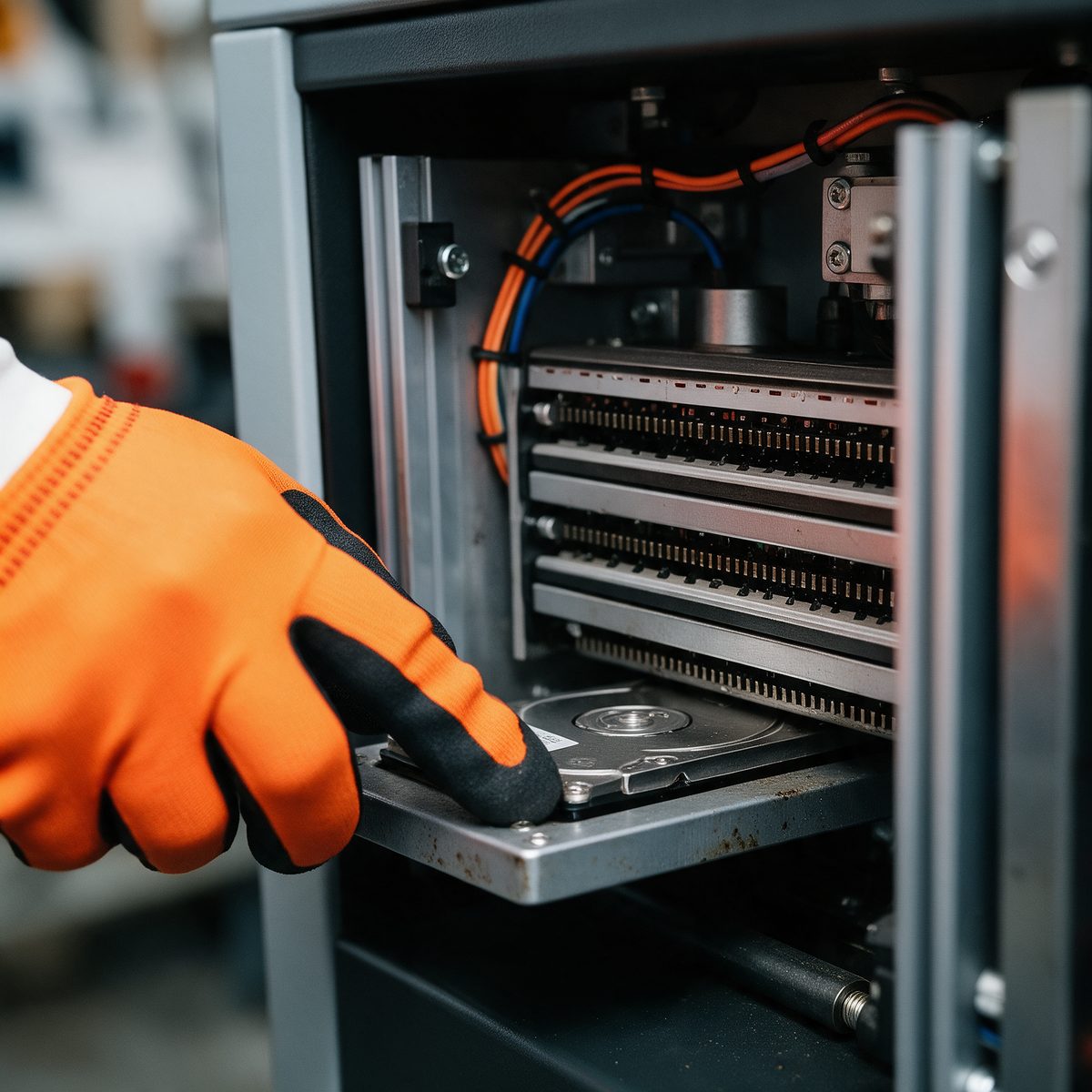 A gloved hand loading a hard drive into a degausser