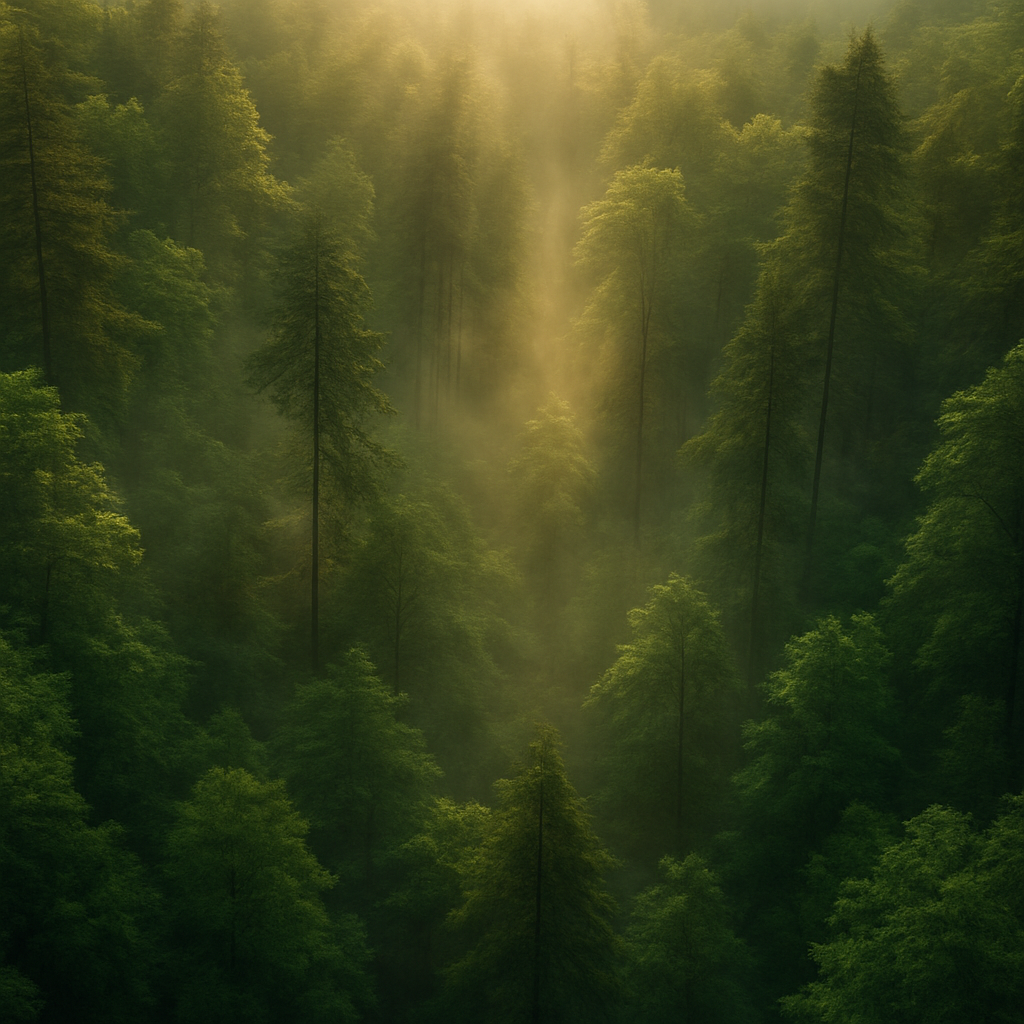 Sunlight filtering through a lush green forest canopy at golden hour